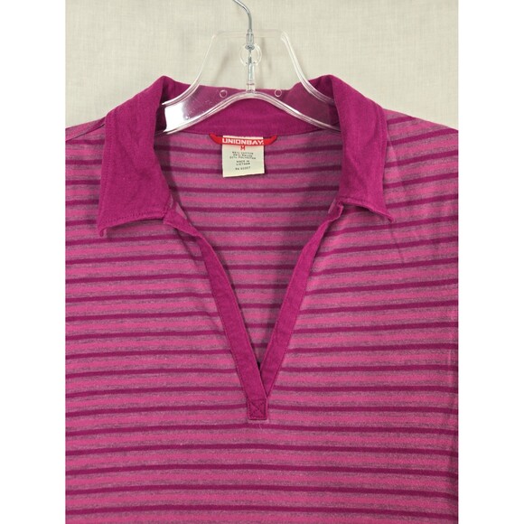 Y2K Union Bay V-Neck Collared Shirt Striped Top Cap Sleeve Purple Pink Women Med - Picture 3 of 7